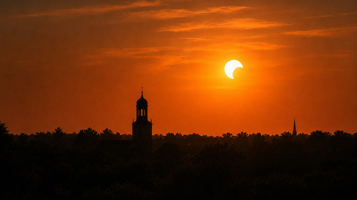 Partielle Sonnenfinsternis 2026 am Abendhimmel kurz vor Sonnenuntergang